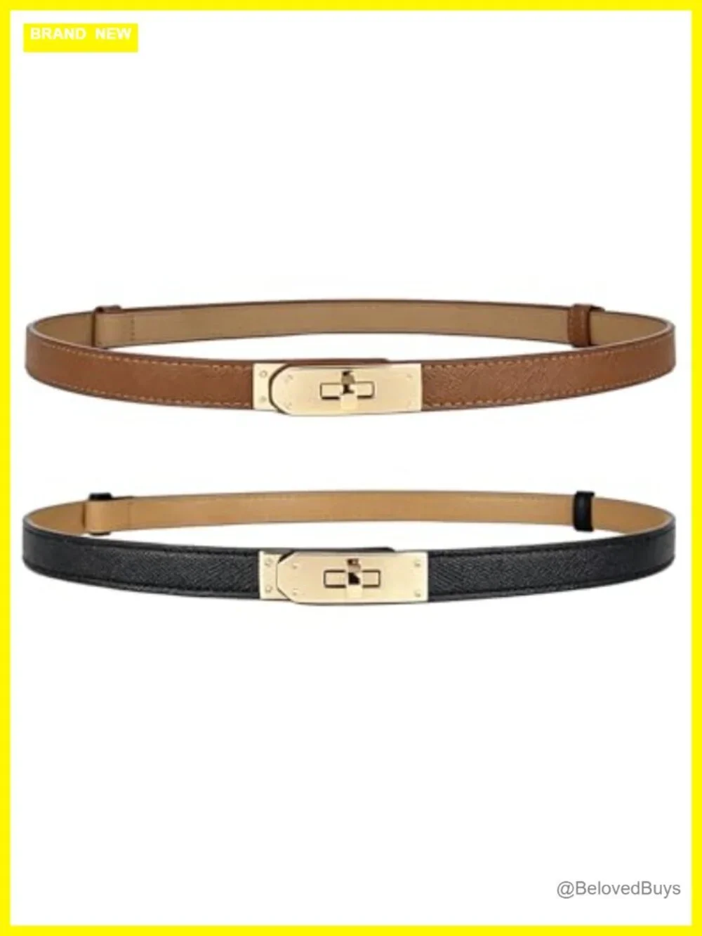 Faux Leather Skinny Belt Turn-Lock Gold Buckle Adjustable 20-35in
